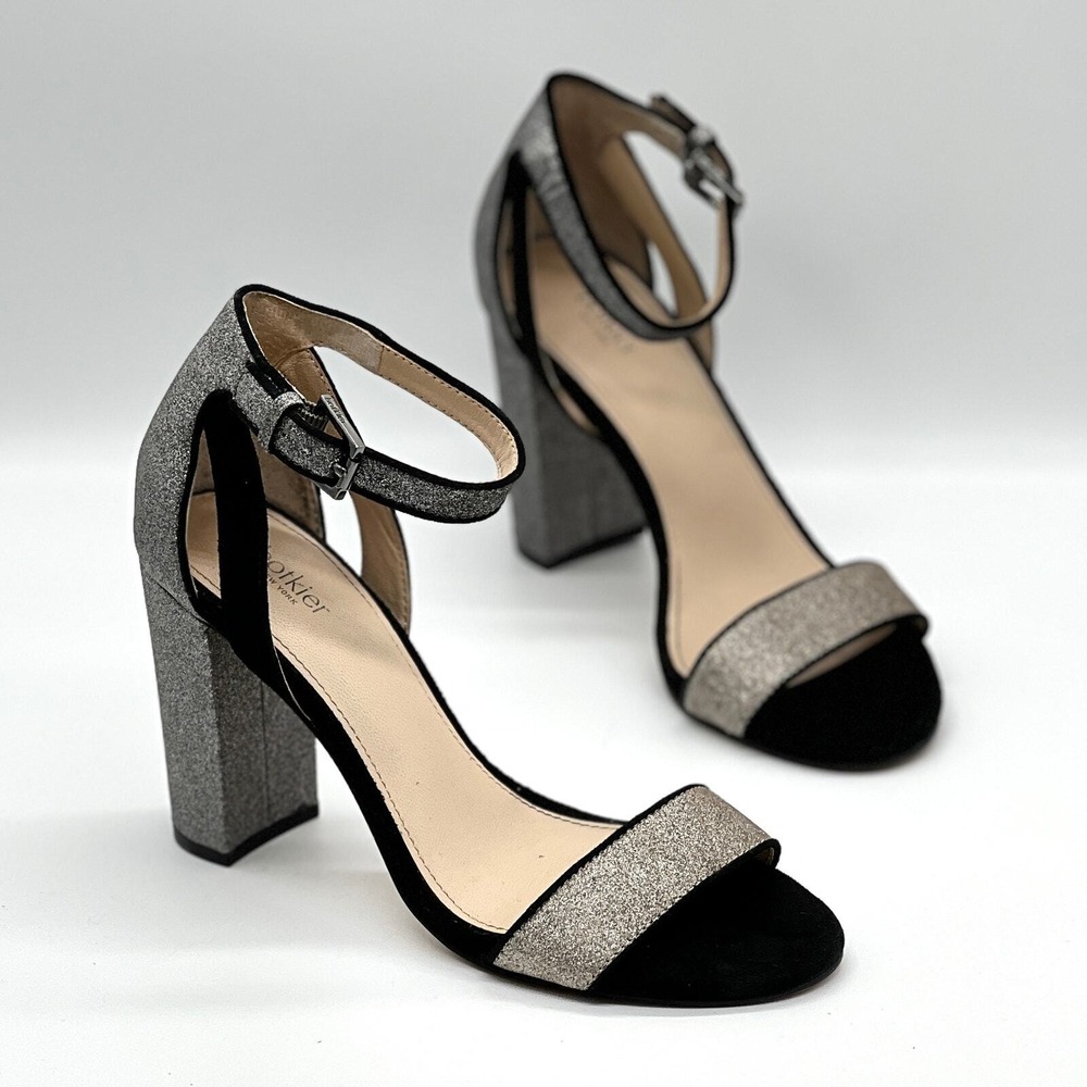 Botkier Gianna Ankle Strap Sandal 7 Black Silver Glitter Block Heel Open Toe